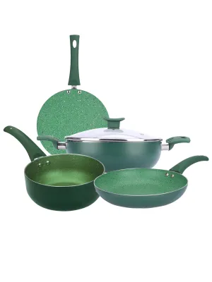 USHA SHRIRAM Green Non-Stick Cookware Set|18cm Deep Small Fry Pan, 24cm Roti Tawa, 1L Sauce Pan,26cm Deep Fry Kadai with Lid|Minimal Oil CookingEasy Grip Handles |Non-Toxic & Lightweight (Pack of 4)