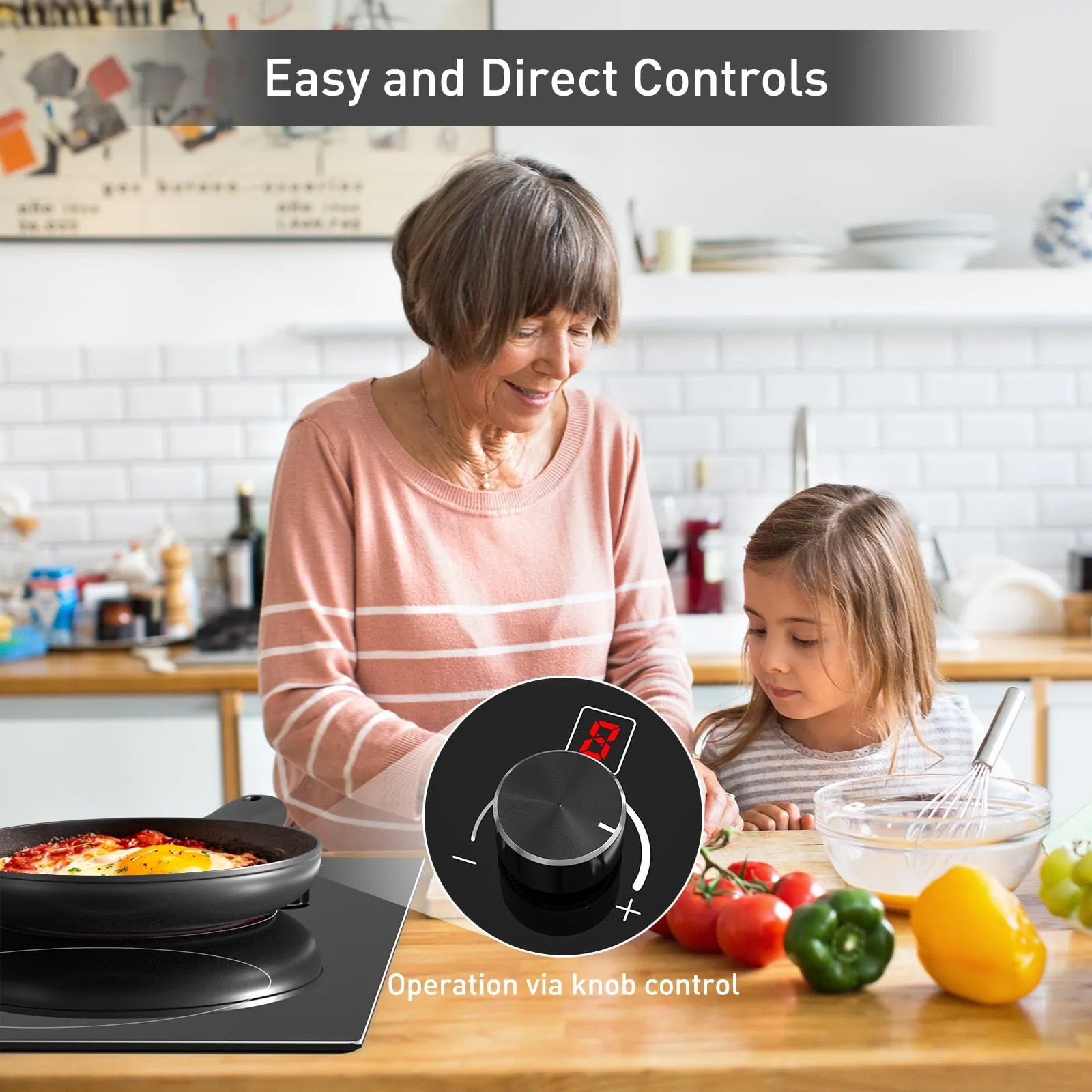 12 Inch Electric Ceramic Cooktop with Knob Control, Built-in 2400W Dual Cooker Electric Stove Tops, 2 Burners Range Top 220V, Child Safety Lock & Timer, Sensor Touch Control, 9 Power Levels