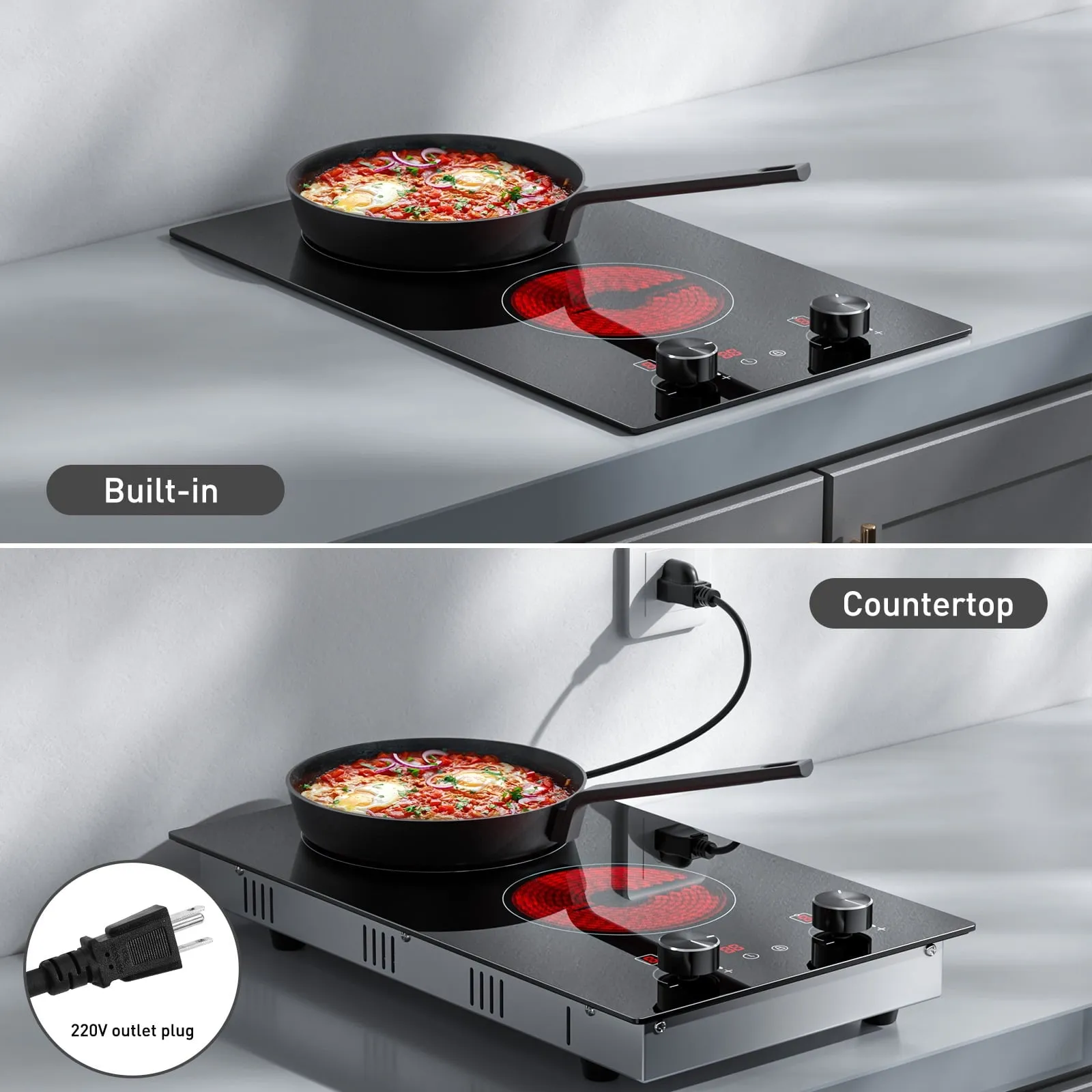 12 Inch Electric Ceramic Cooktop with Knob Control, Built-in 2400W Dual Cooker Electric Stove Tops, 2 Burners Range Top 220V, Child Safety Lock & Timer, Sensor Touch Control, 9 Power Levels