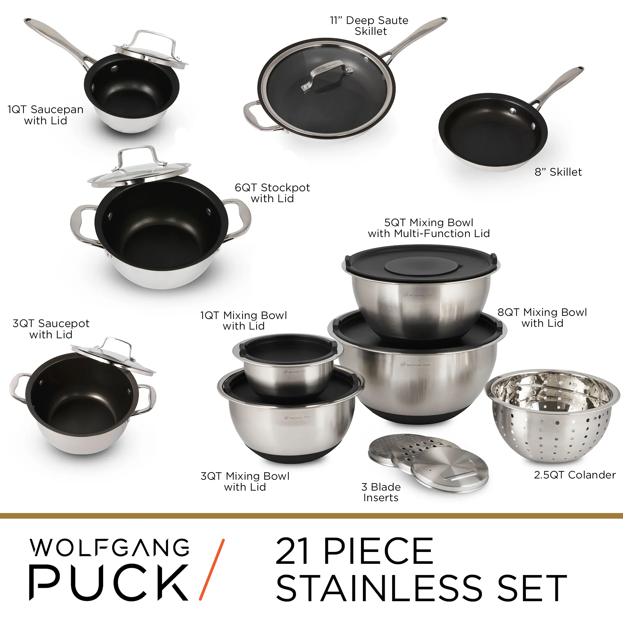 21-Piece Stainless Steel Cookware and Mixing Bowls Set