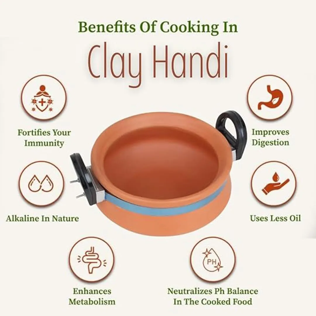 2L Clay Handi with Free Set of 2 Curd Bowls | Handmade Eco-friendly Terracotta Cookware | Organic Earthen | Sustainable Cookware Set