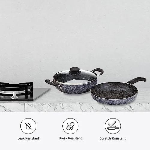 Amazon Brand - Solimo Aluminium 3 Piece Non-Stick Cookware Set|Granite Finish|Induction Base|Pfoa Free|High Temperature Resistant Exterior Coating|22 Cm Fry Pan,22 Cm Kadai,1 Glass Lid|Grey