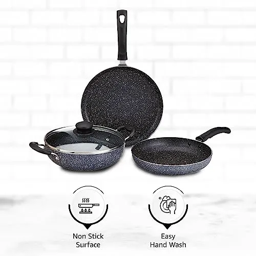 Amazon Brand - Solimo Aluminium 4 Piece Non-Stick Cookware Set | Granite Finish | Induction Base | Pfoa Free | HTR Exterior Coating | 25Cm Tawa, 22 Cm Kadai, 22Cm Fry Pan, 1 Glass Lid | Grey