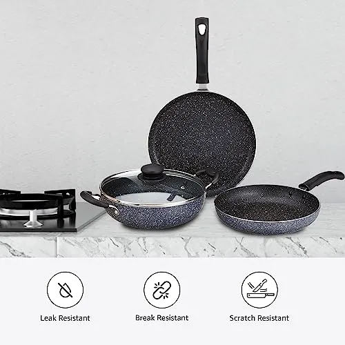 Amazon Brand - Solimo Aluminium 4 Piece Non-Stick Cookware Set | Granite Finish | Induction Base | Pfoa Free | HTR Exterior Coating | 25Cm Tawa, 22 Cm Kadai, 22Cm Fry Pan, 1 Glass Lid | Grey