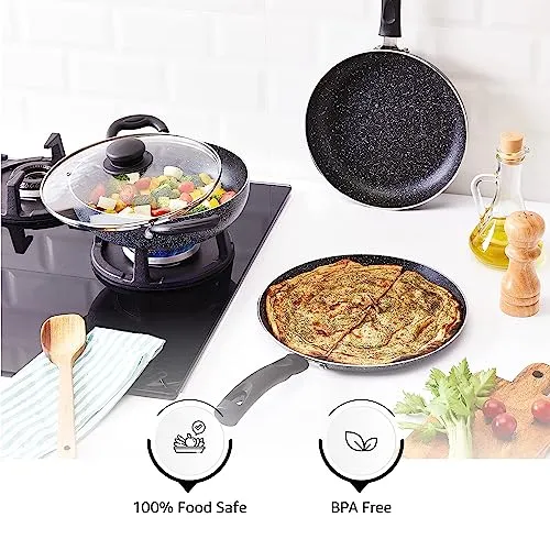 Amazon Brand - Solimo Aluminium 4 Piece Non-Stick Cookware Set | Granite Finish | Induction Base | Pfoa Free | HTR Exterior Coating | 25Cm Tawa, 22 Cm Kadai, 22Cm Fry Pan, 1 Glass Lid | Grey