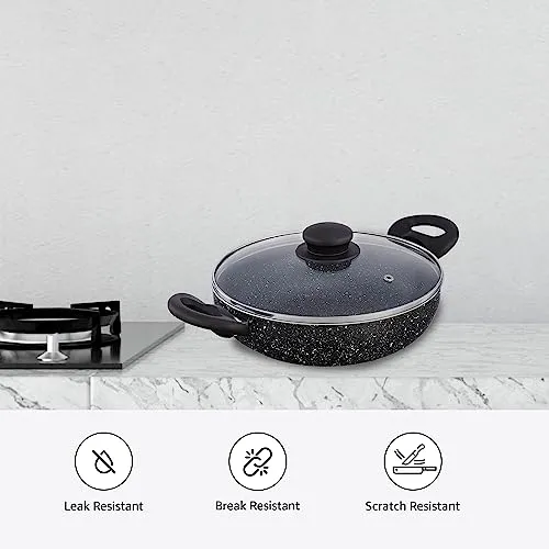 Amazon Brand - Solimo Non-Stick Kadai with Glass Lid & Detachable Handle| Granite Finish | Induction Base | PFOA Free | High Temperature Resistant Exterior Coating | 22 cm | Black