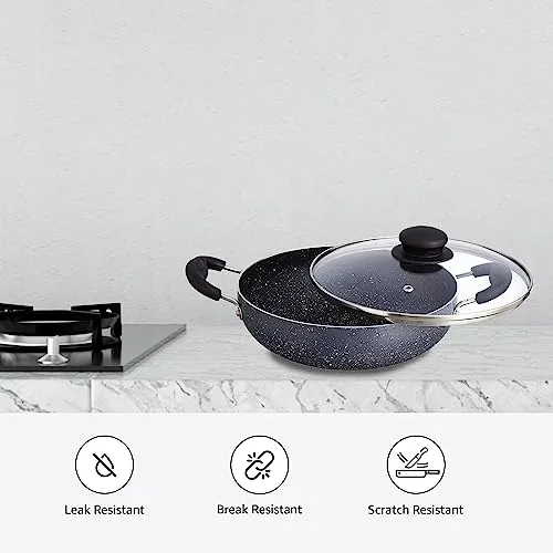 Amazon Brand - Solimo Non-Stick Kadai with Glass Lid | Granite Finish | Induction Base | PFOA Free | High Temperature Resistant Exterior Coating | 22 cm | Grey