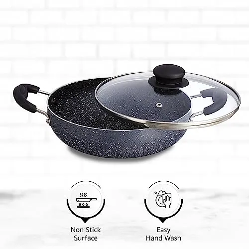 Amazon Brand - Solimo Non-Stick Kadai with Glass Lid | Granite Finish | Induction Base | PFOA Free | High Temperature Resistant Exterior Coating | 22 cm | Grey