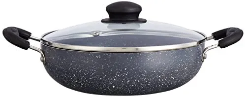 Amazon Brand - Solimo Non-Stick Kadai with Glass Lid | Granite Finish | Induction Base | PFOA Free | High Temperature Resistant Exterior Coating | 22 cm | Grey