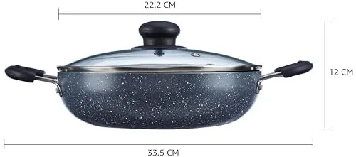 Amazon Brand - Solimo Non-Stick Kadai with Glass Lid | Granite Finish | Induction Base | PFOA Free | High Temperature Resistant Exterior Coating | 22 cm | Grey