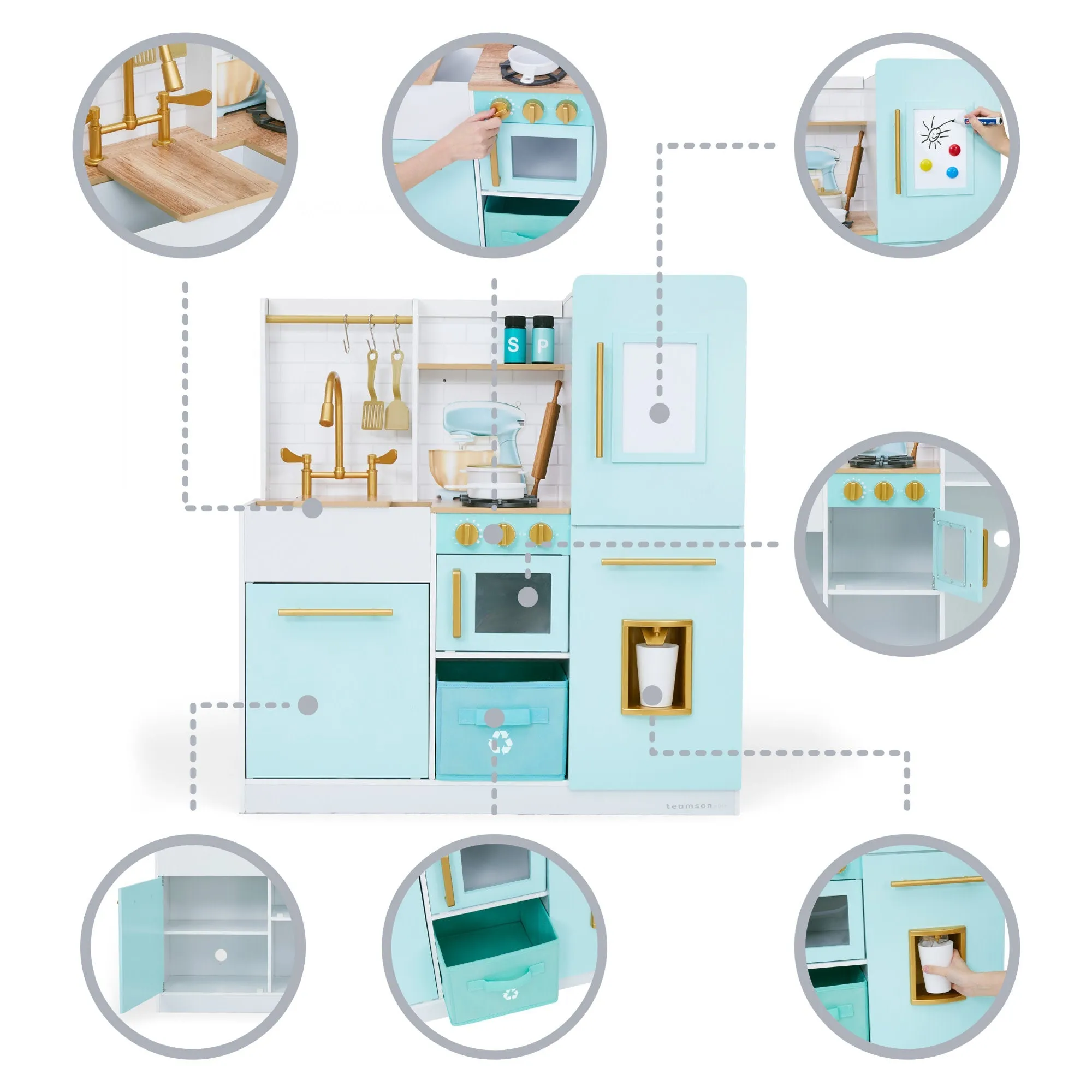 Biscay Delight Classic Play Kitchen With Magnetic Refrigerator And Accessories, Mint