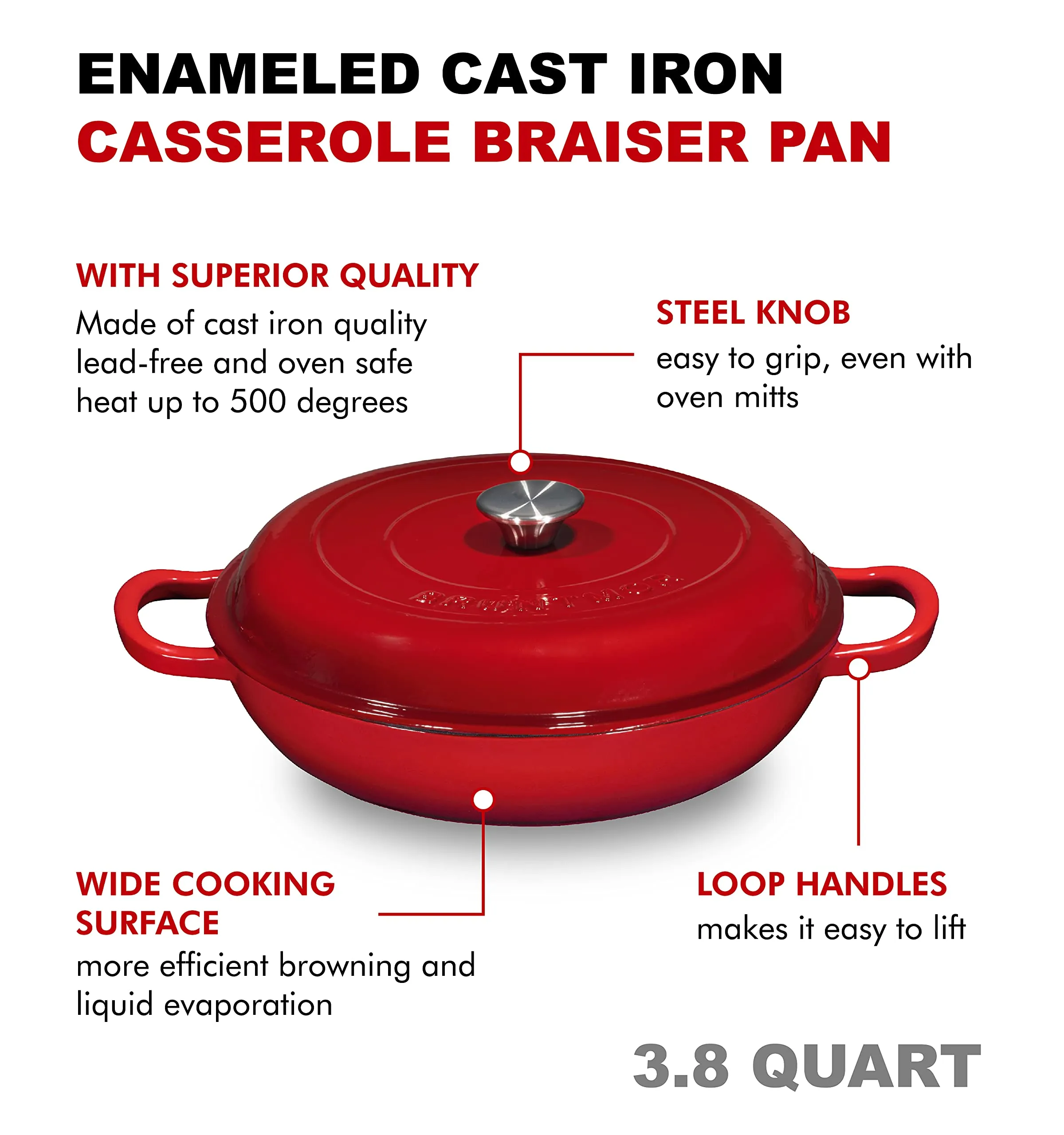 Bruntmor Enameled Nonstick Cast Iron Casserole Braiser Pan - 3.8-Quart Kitchen Round