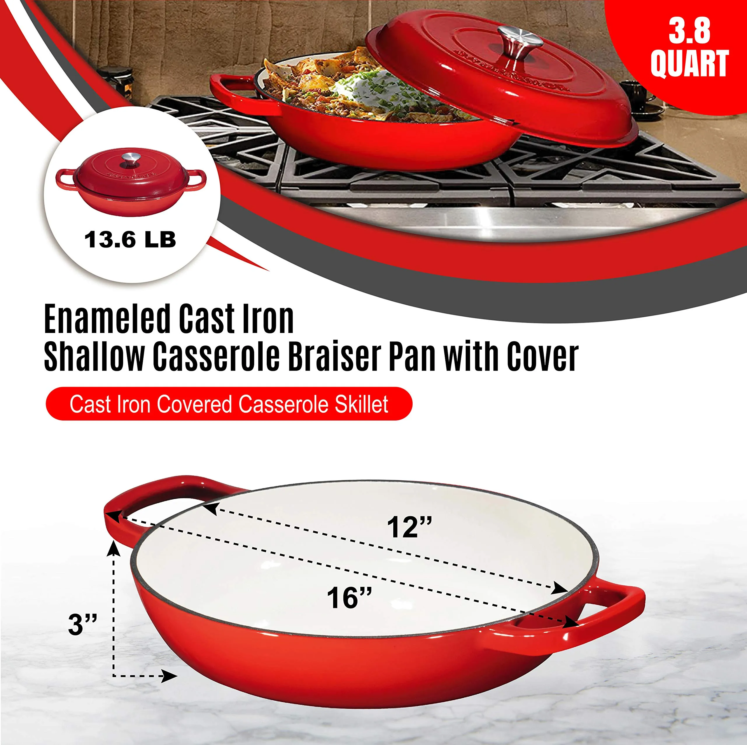 Bruntmor Enameled Nonstick Cast Iron Casserole Braiser Pan - 3.8-Quart Kitchen Round