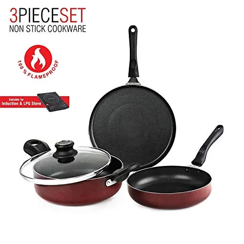 Cello Prima Induction Base Non-Stick Aluminium Pan Cookware Set, 3-Pieces, Cherry Red