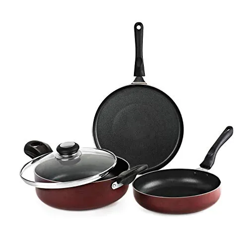 Cello Prima Induction Base Non-Stick Aluminium Pan Cookware Set, 3-Pieces, Cherry Red