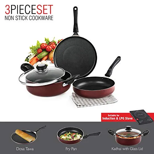 Cello Prima Induction Base Non-Stick Aluminium Pan Cookware Set, 3-Pieces, Cherry Red