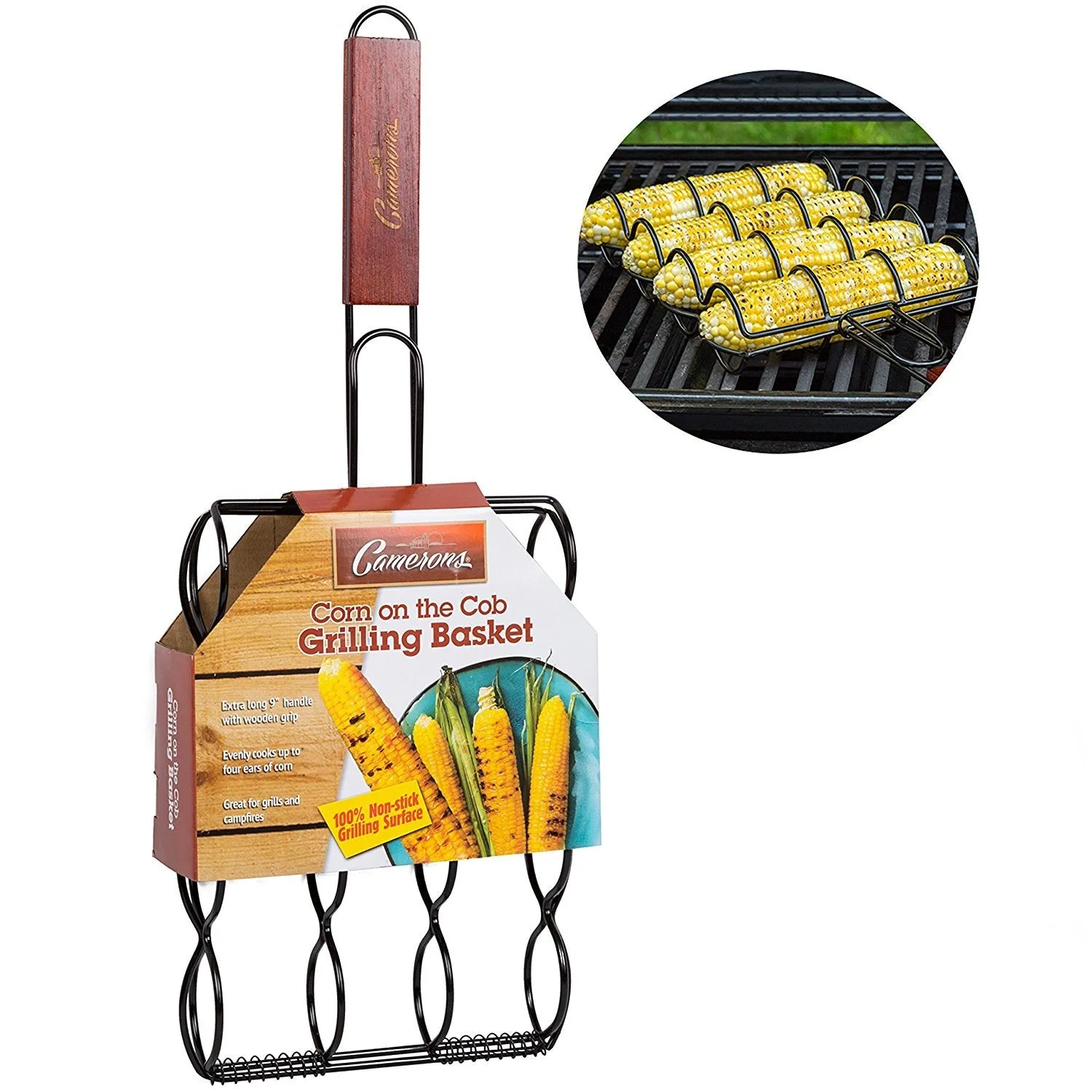 Corn Grilling Basket - Non-Stick Corn Griller with 9&quot; Rosewood Handle - Cooks 4 Ears of Corn