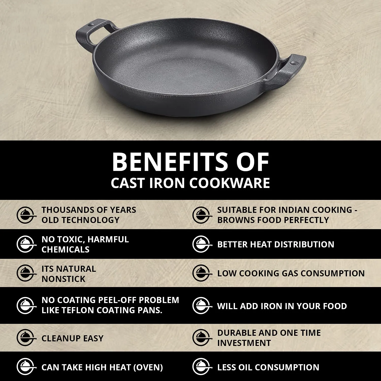 CountryCook Pre-Seasoned Cast Iron Wok/Kadai/Kadhai 26 cms Cookware with Glass Lid Heavy Duty Induction Friendly