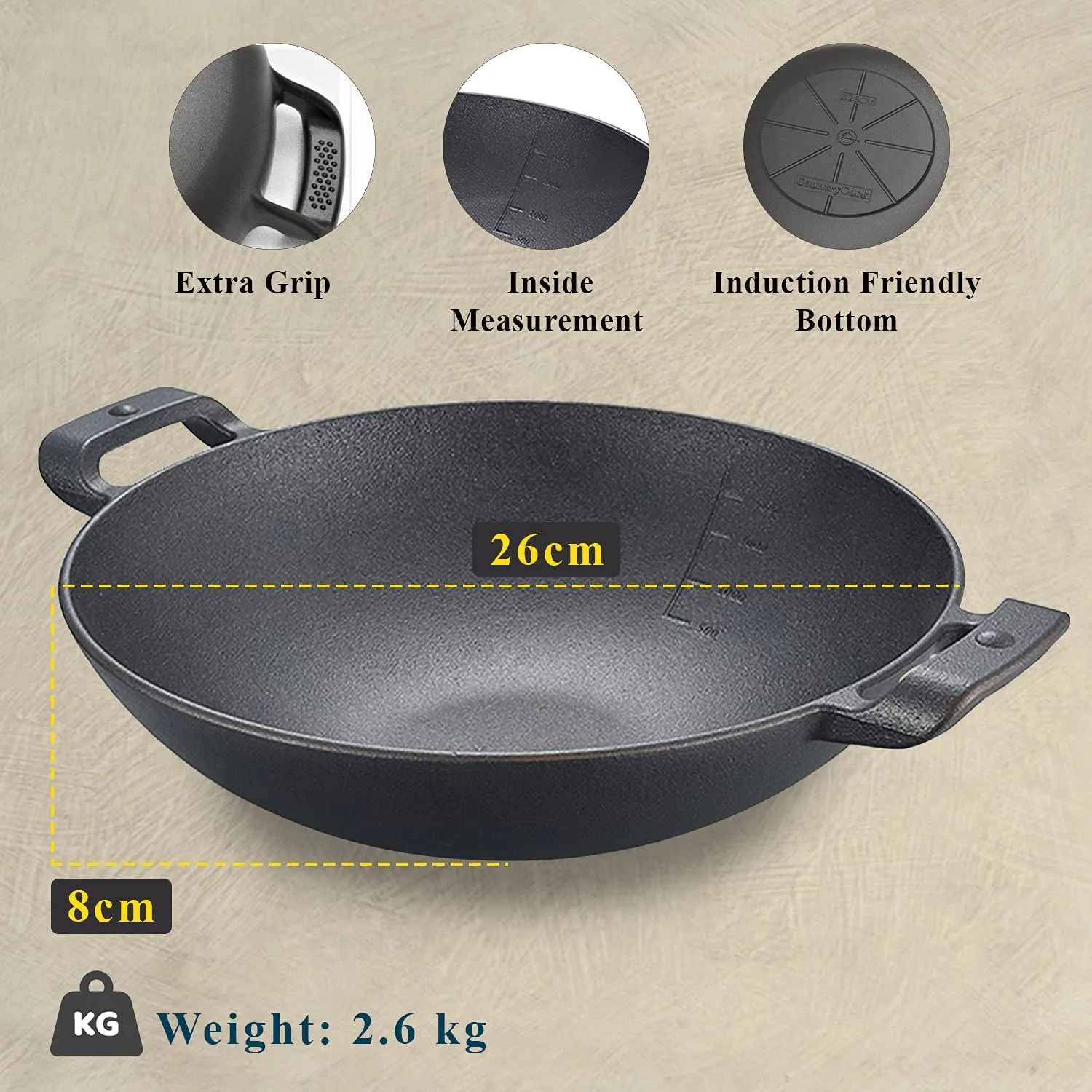 CountryCook Pre-Seasoned Cast Iron Wok/Kadai/Kadhai 26 cms Cookware with Glass Lid Heavy Duty Induction Friendly