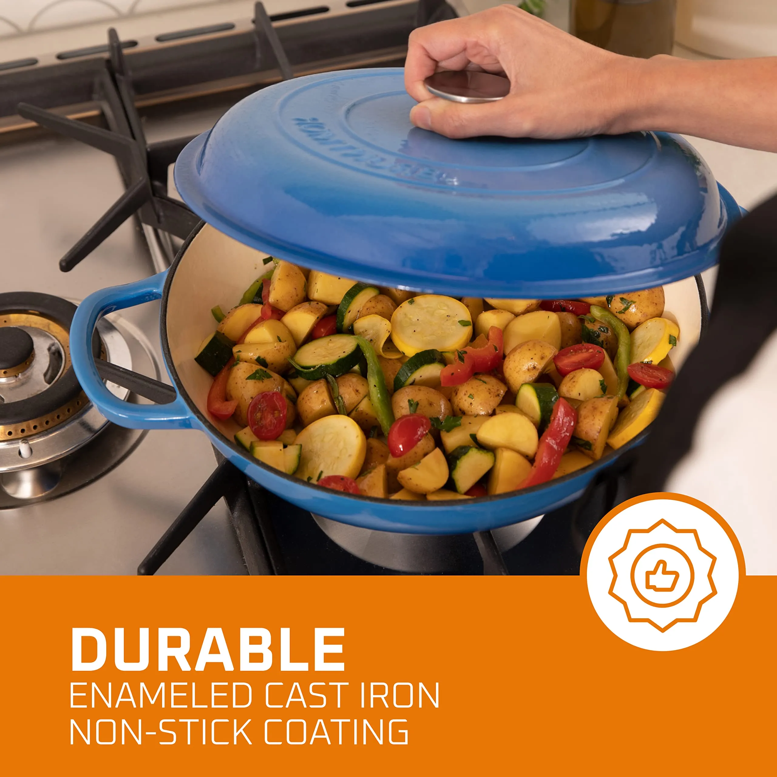 Enameled Cast Iron Cookware Shallow Casserole Braiser Pan, With Steel Knob Cover And