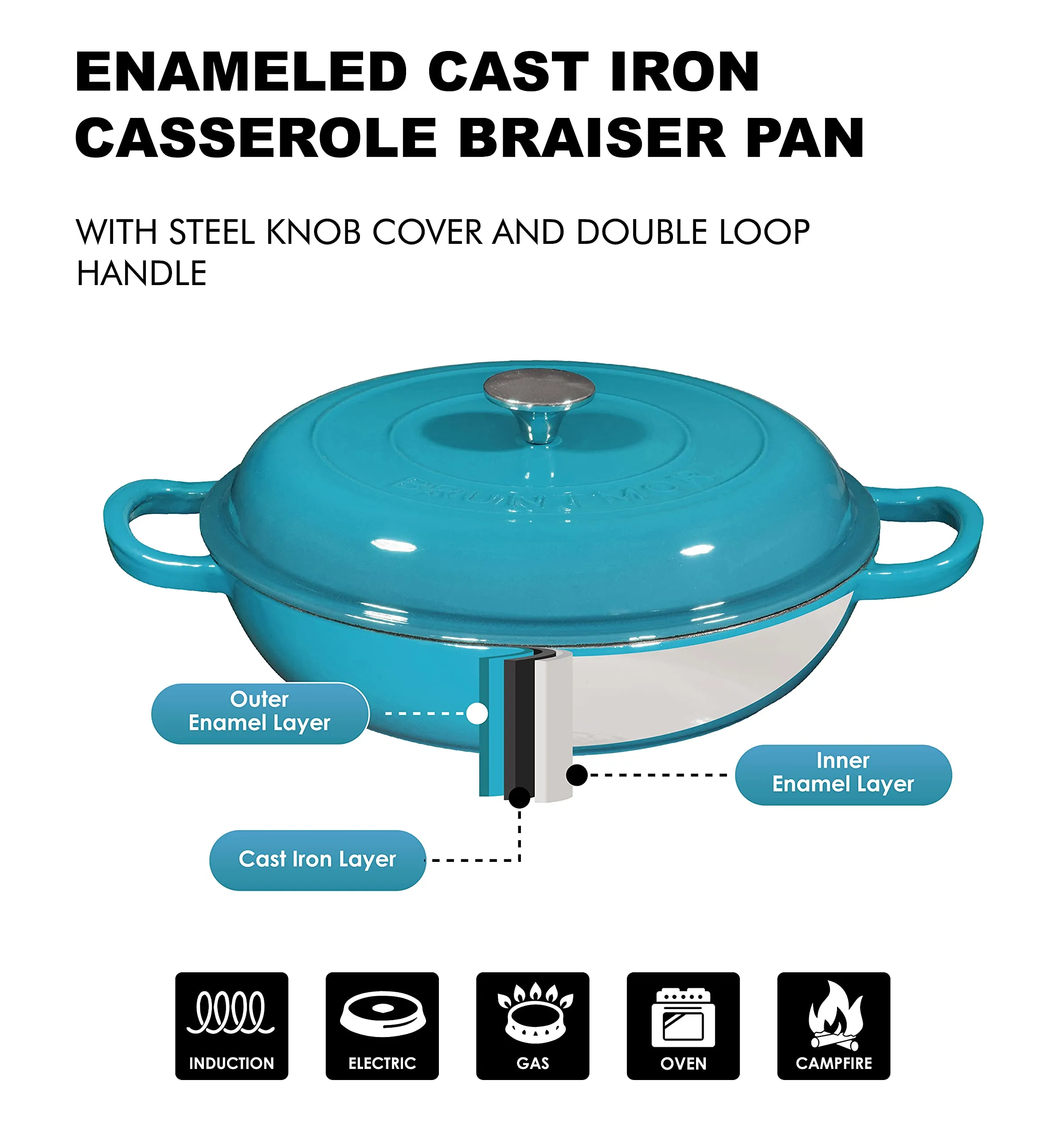 Enameled Cast Iron Cookware Shallow Casserole Braiser Pan, With Steel Knob Cover And