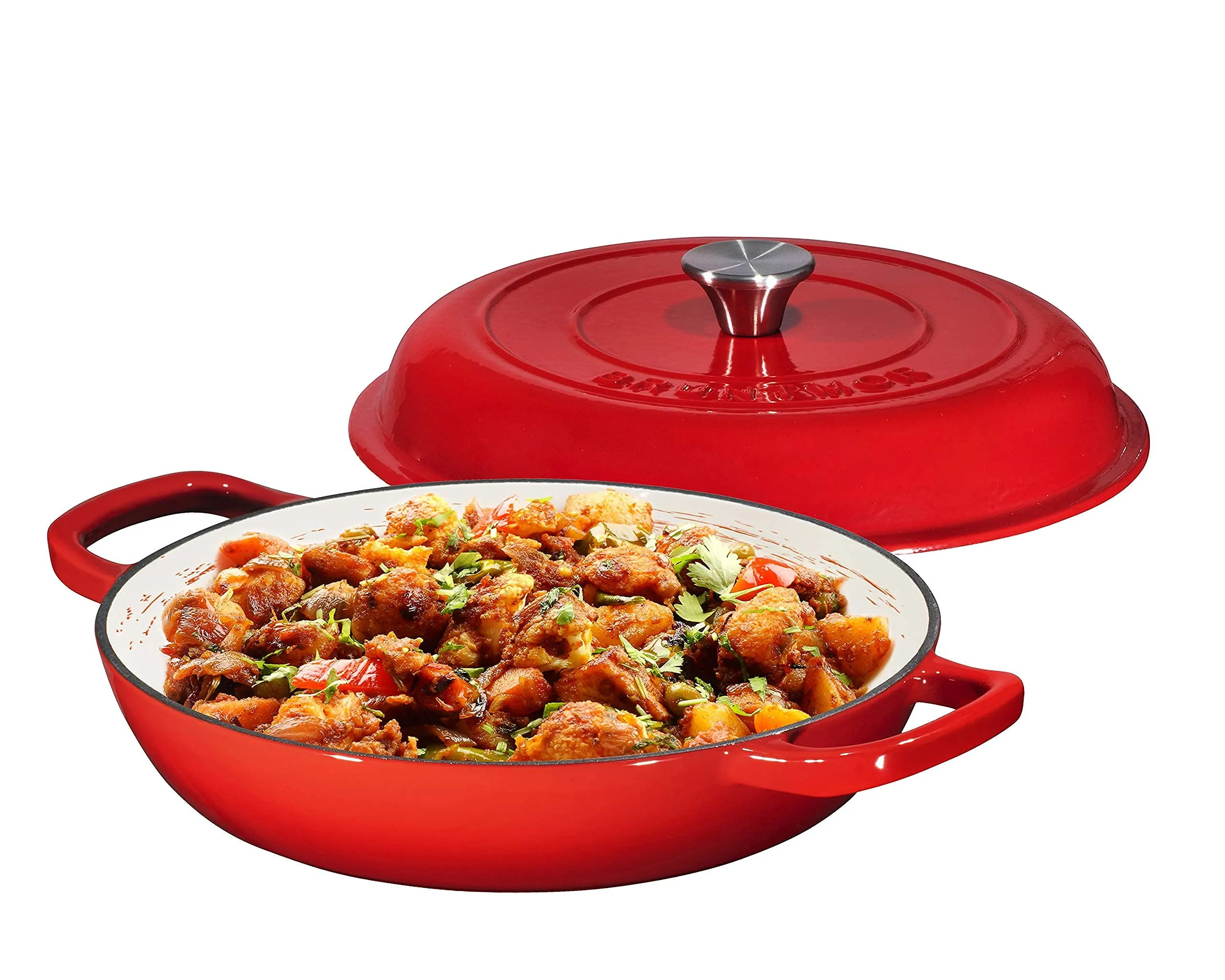 Enameled Cast Iron Cookware Shallow Casserole Braiser Pan, With Steel Knob Cover And