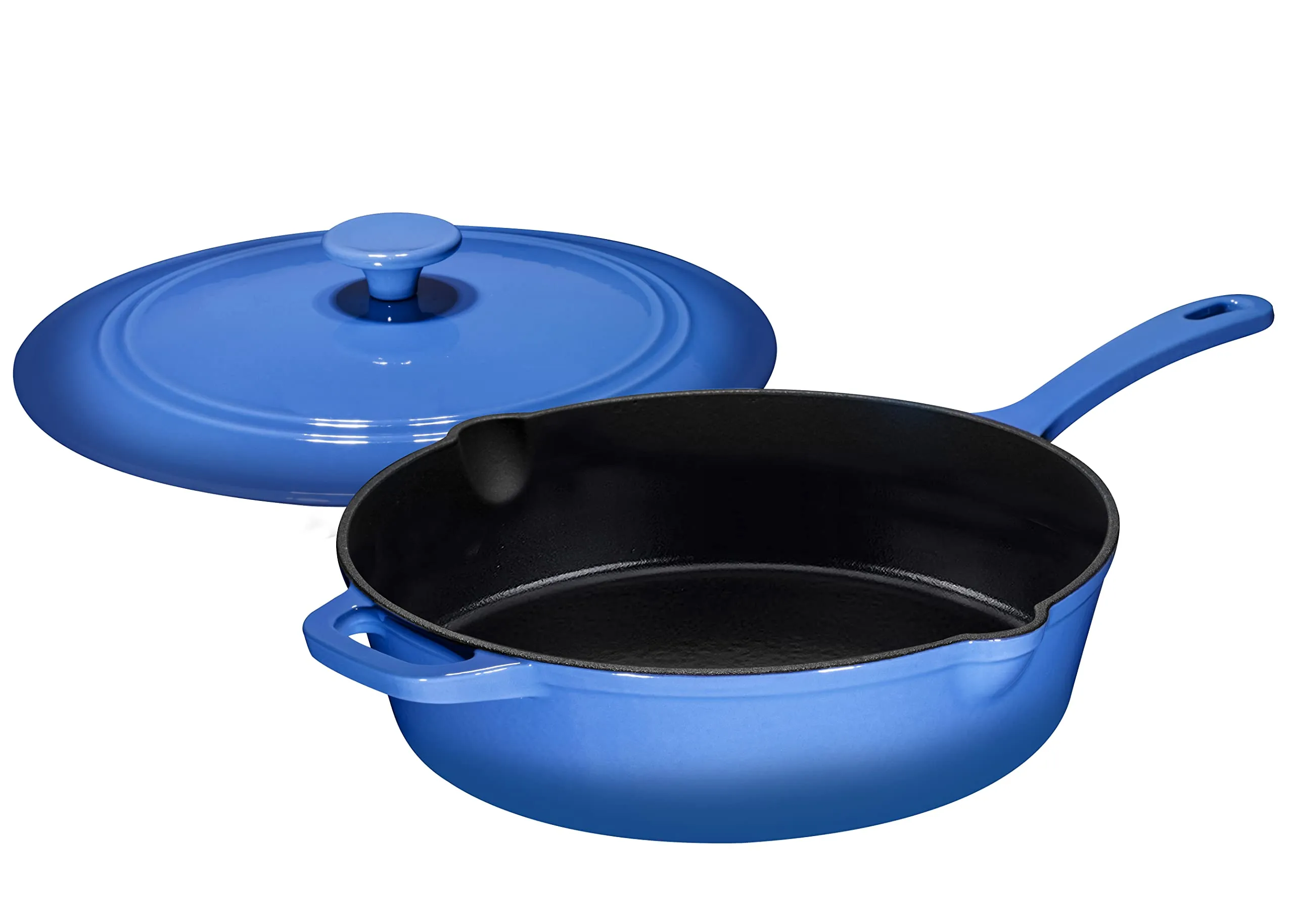 Enameled Cast Iron Skillet Deep Saut Pan with Lid, 12 Inch, Enameled Duke Blue