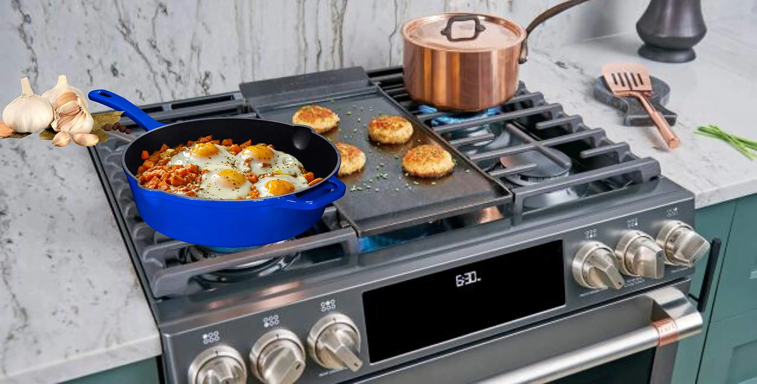 Enameled Cast Iron Skillet Deep Saut Pan with Lid, 12 Inch, Enameled Duke Blue