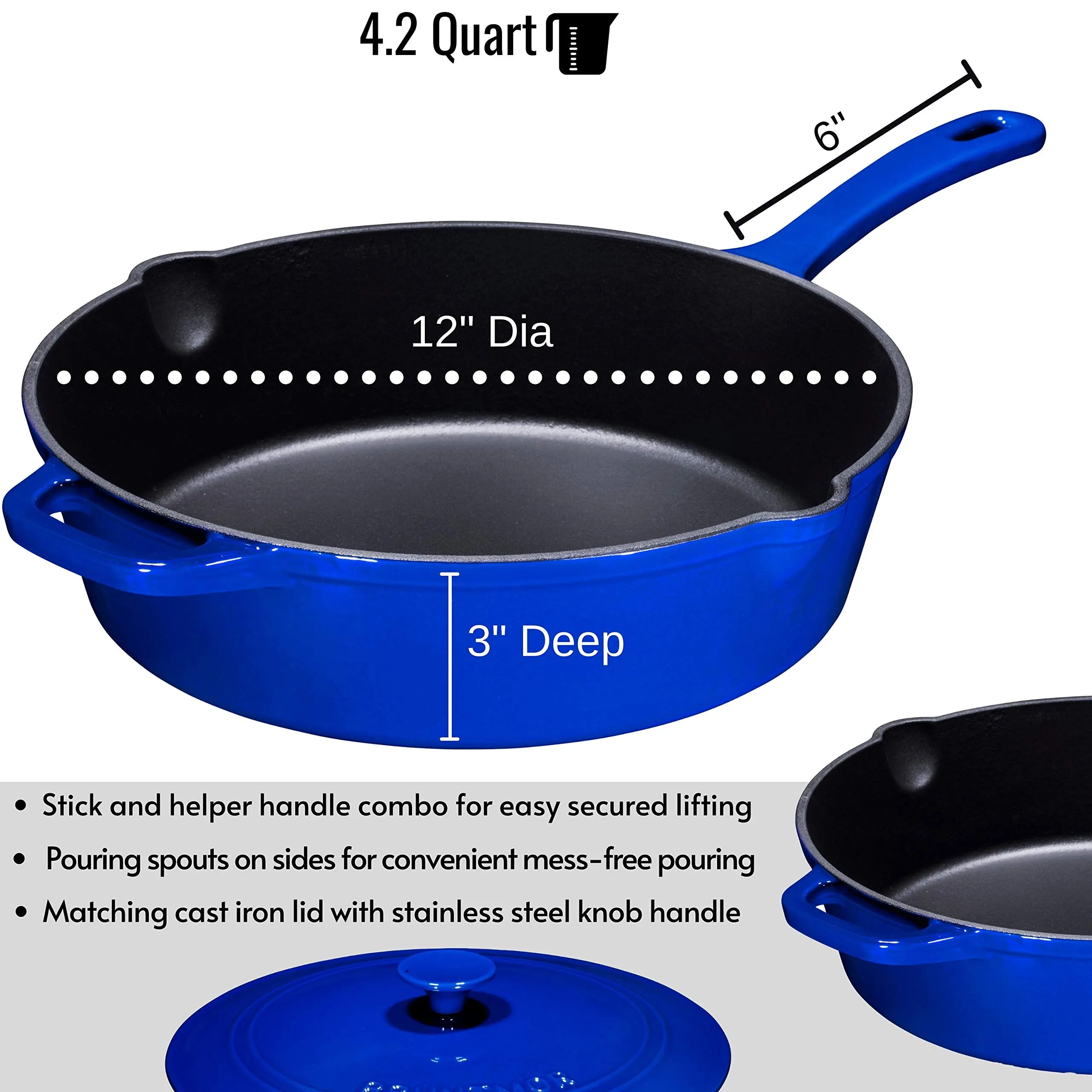 Enameled Cast Iron Skillet Deep Saut Pan with Lid, 12 Inch, Enameled Duke Blue