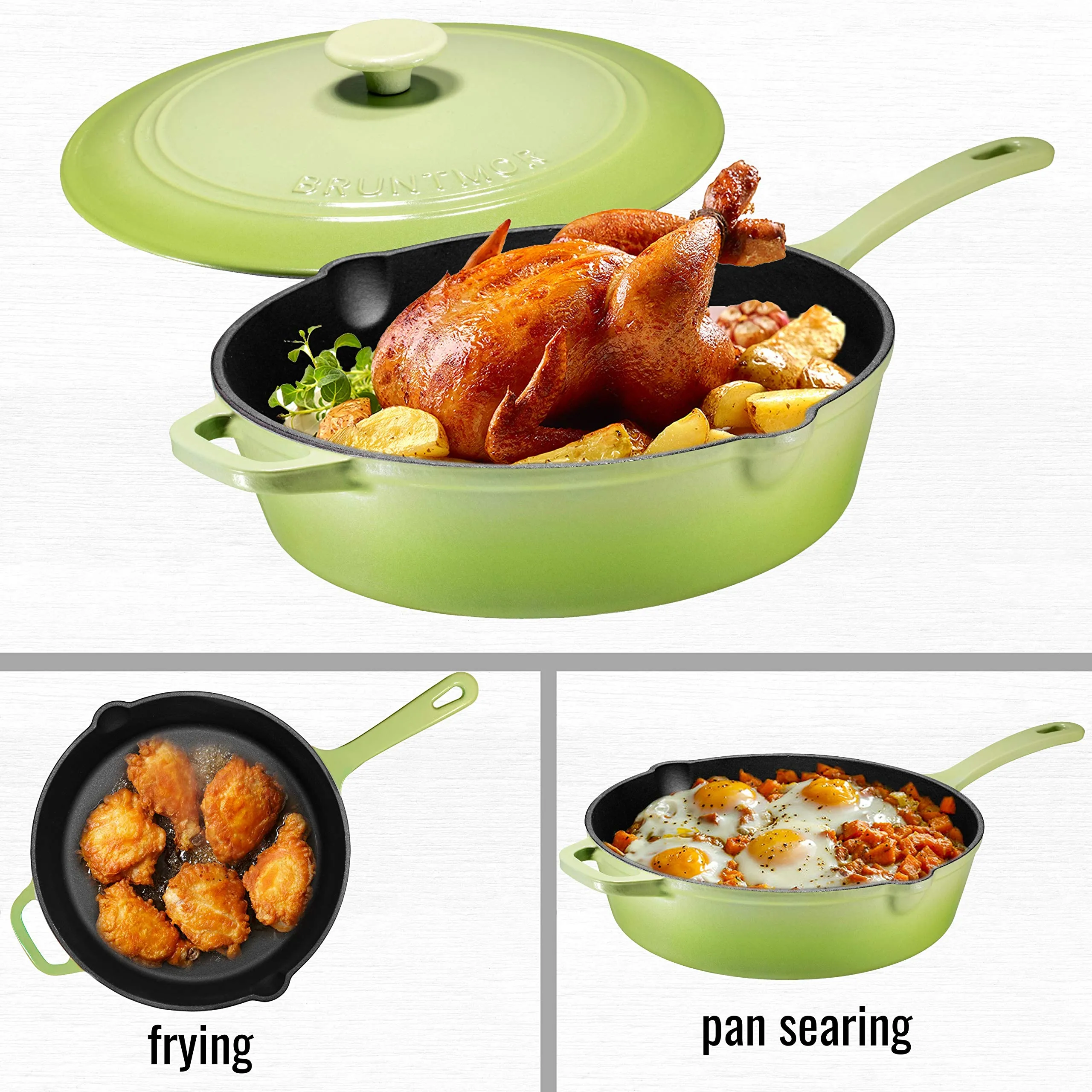 Enameled Cast Iron Skillet Deep Saut Pan with Lid, 12 Inch, Matte Green, Superior Heat