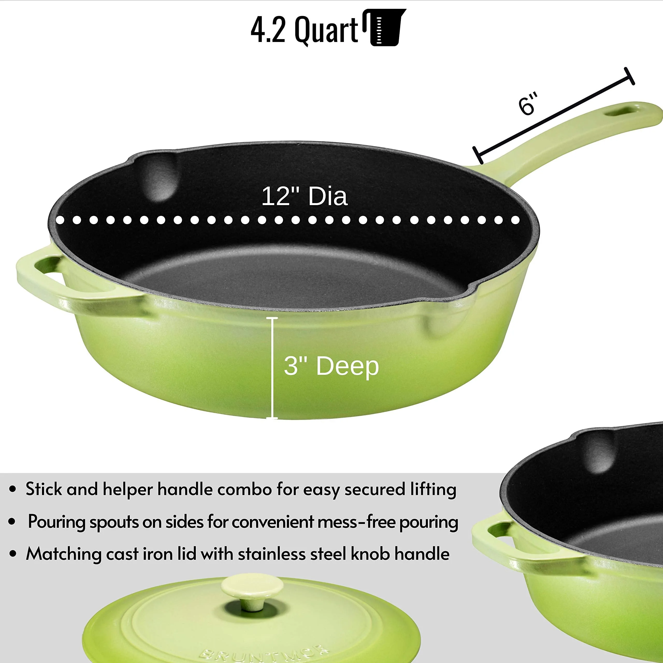 Enameled Cast Iron Skillet Deep Saut Pan with Lid, 12 Inch, Matte Green, Superior Heat