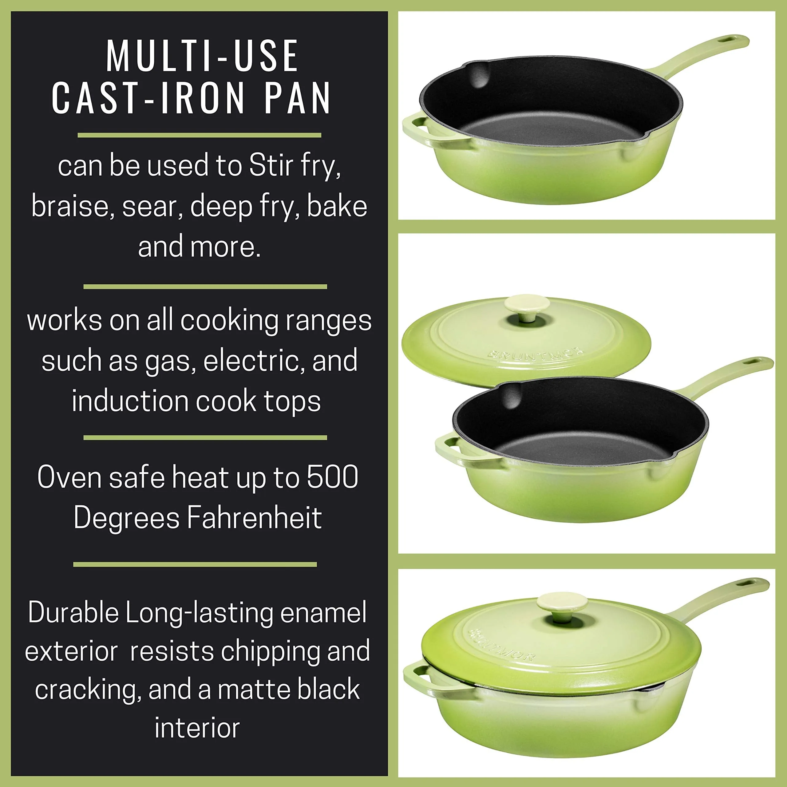 Enameled Cast Iron Skillet Deep Saut Pan with Lid, 12 Inch, Matte Green, Superior Heat