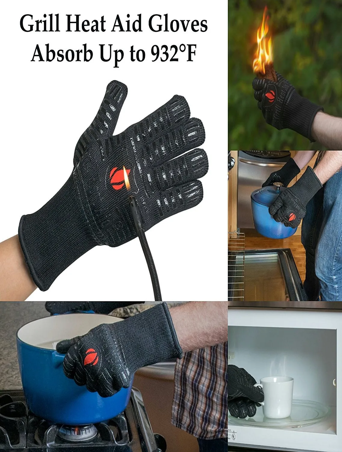 Extreme Heat Resistant Grill Gloves: Premium Insulated and Silicone Lined Aramid Fiber Mitts for Cooking, BBQ, Grilling, Frying and Baking - Professional Indoor Outdoor Kitchen and Oven Accessories