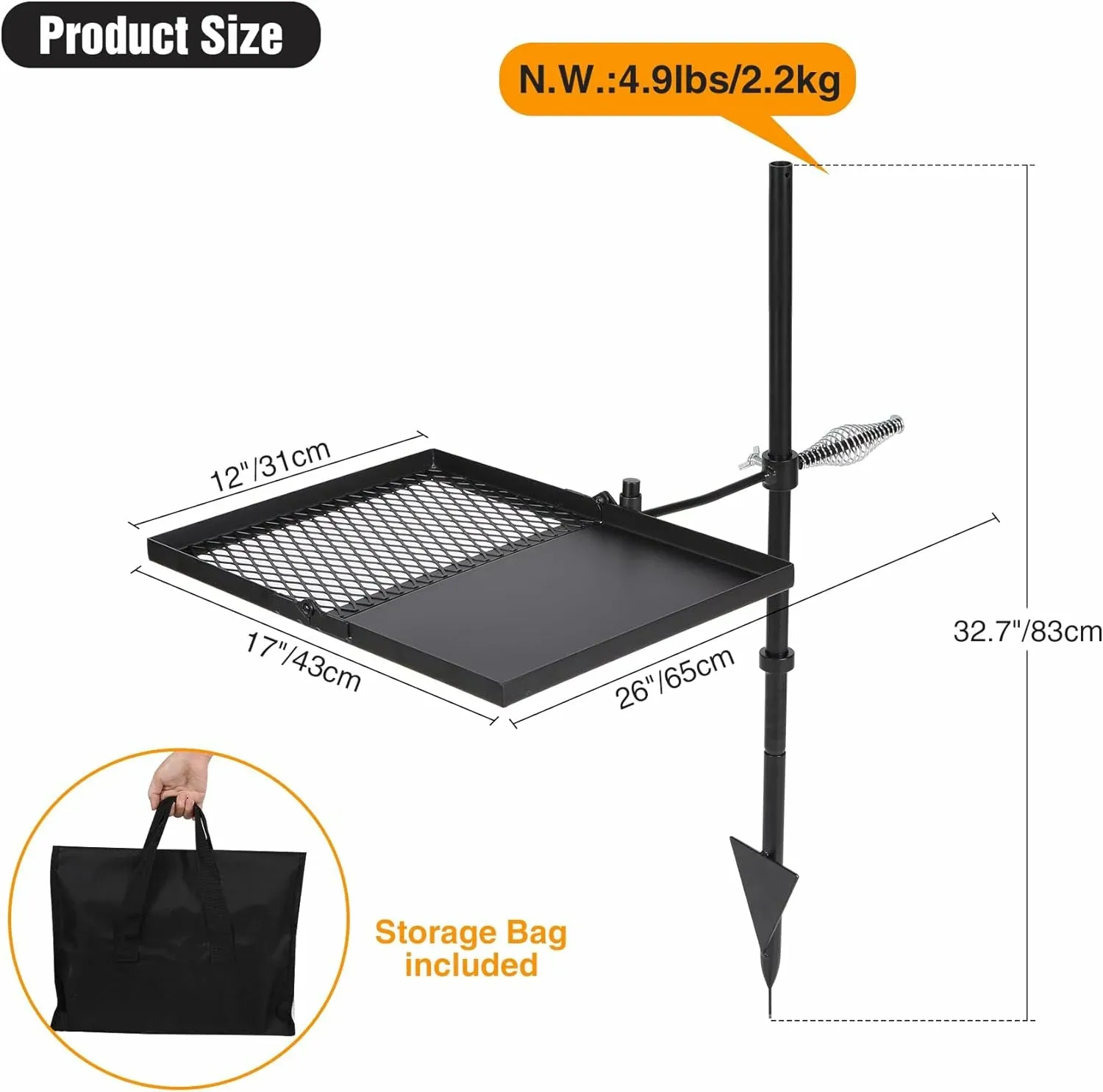 Folding Swivel Campfire Grill Heavy Duty Steel Grate with Carrying Bag for Outdoor Open Flame Cooking