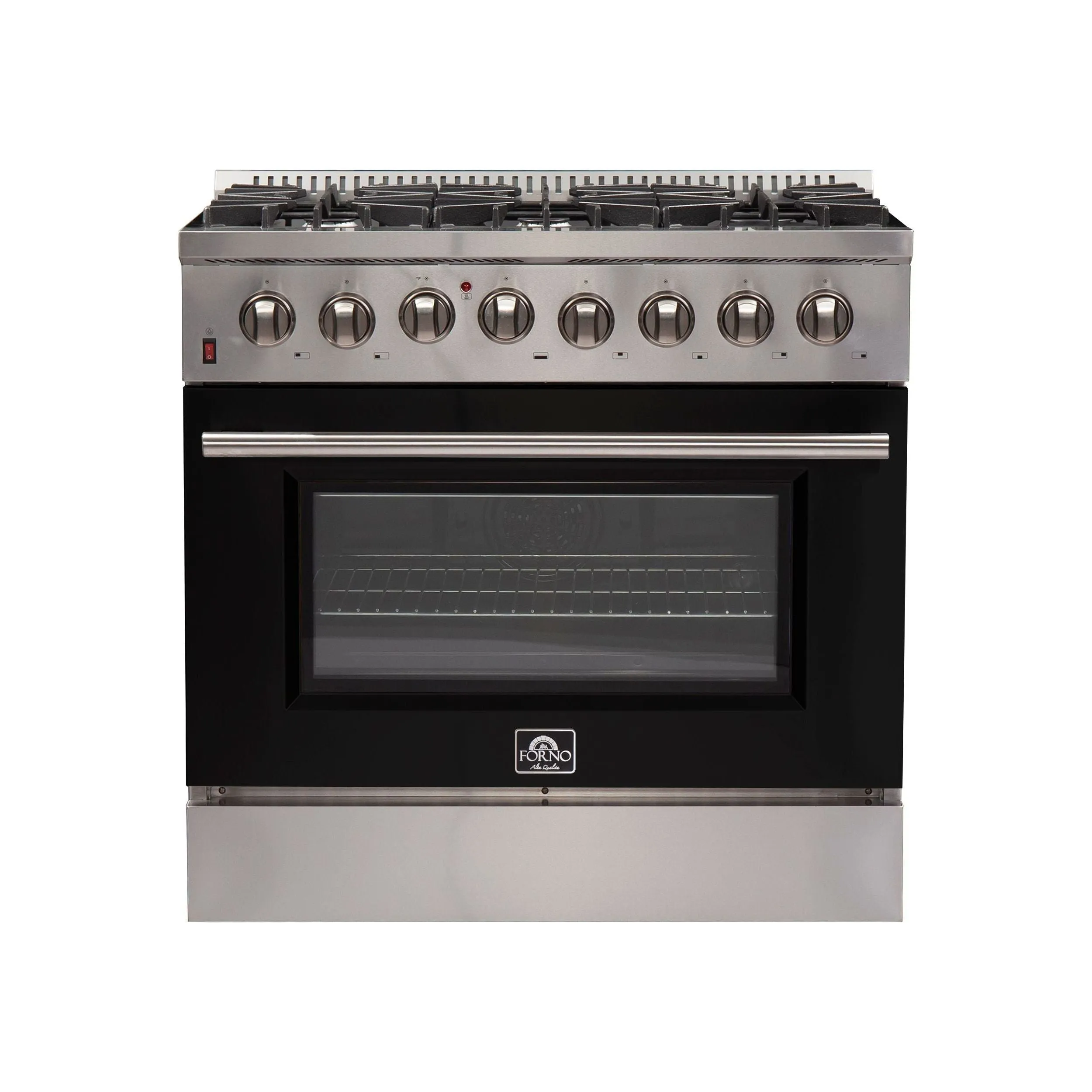 Forno 36-Inch Galiano Dual Fuel Range with 6 Gas Burners and 240v Electric Oven in Stainless Steel with Black Door (FFSGS6156-36BLK)