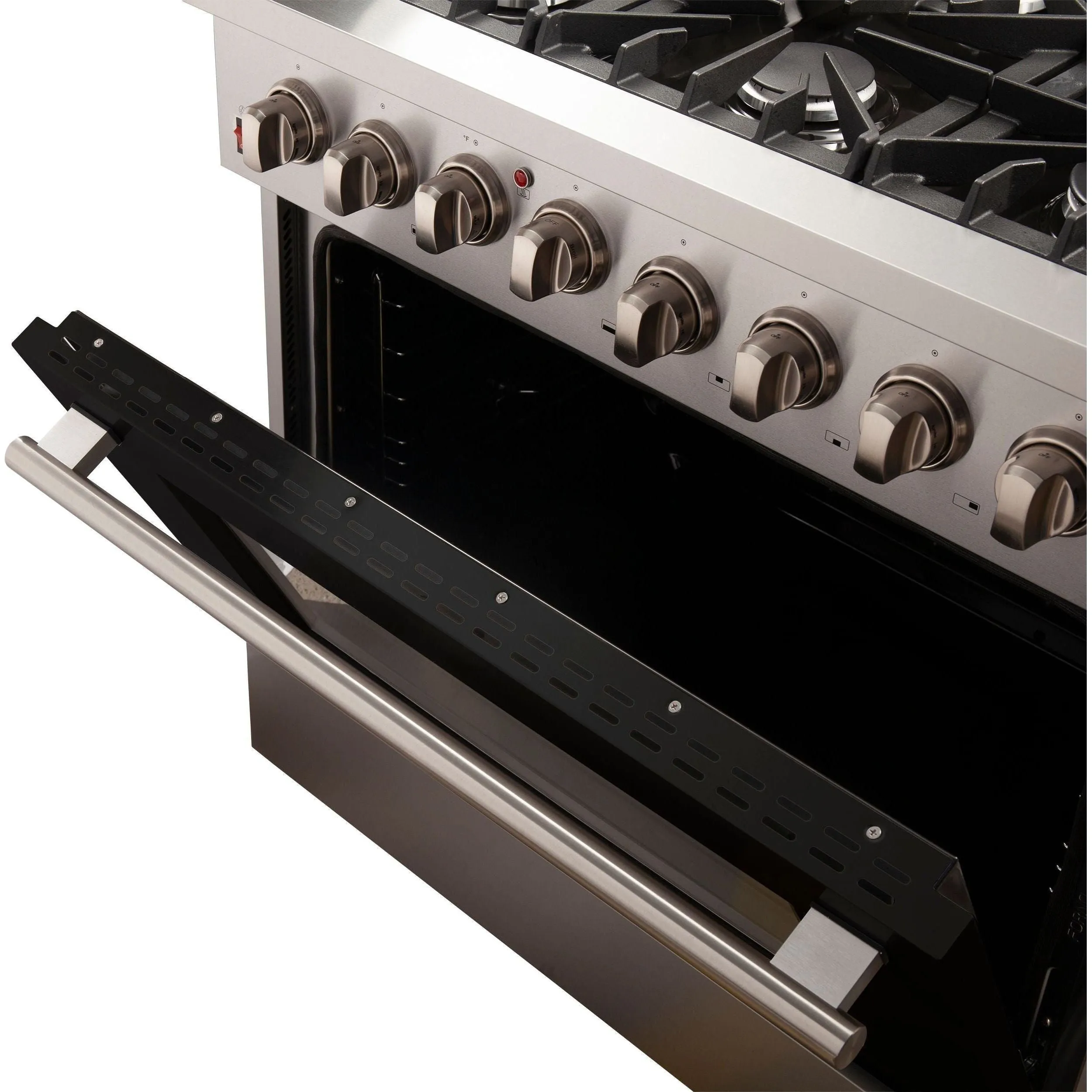 Forno 36-Inch Galiano Dual Fuel Range with 6 Gas Burners and 240v Electric Oven in Stainless Steel with Black Door (FFSGS6156-36BLK)