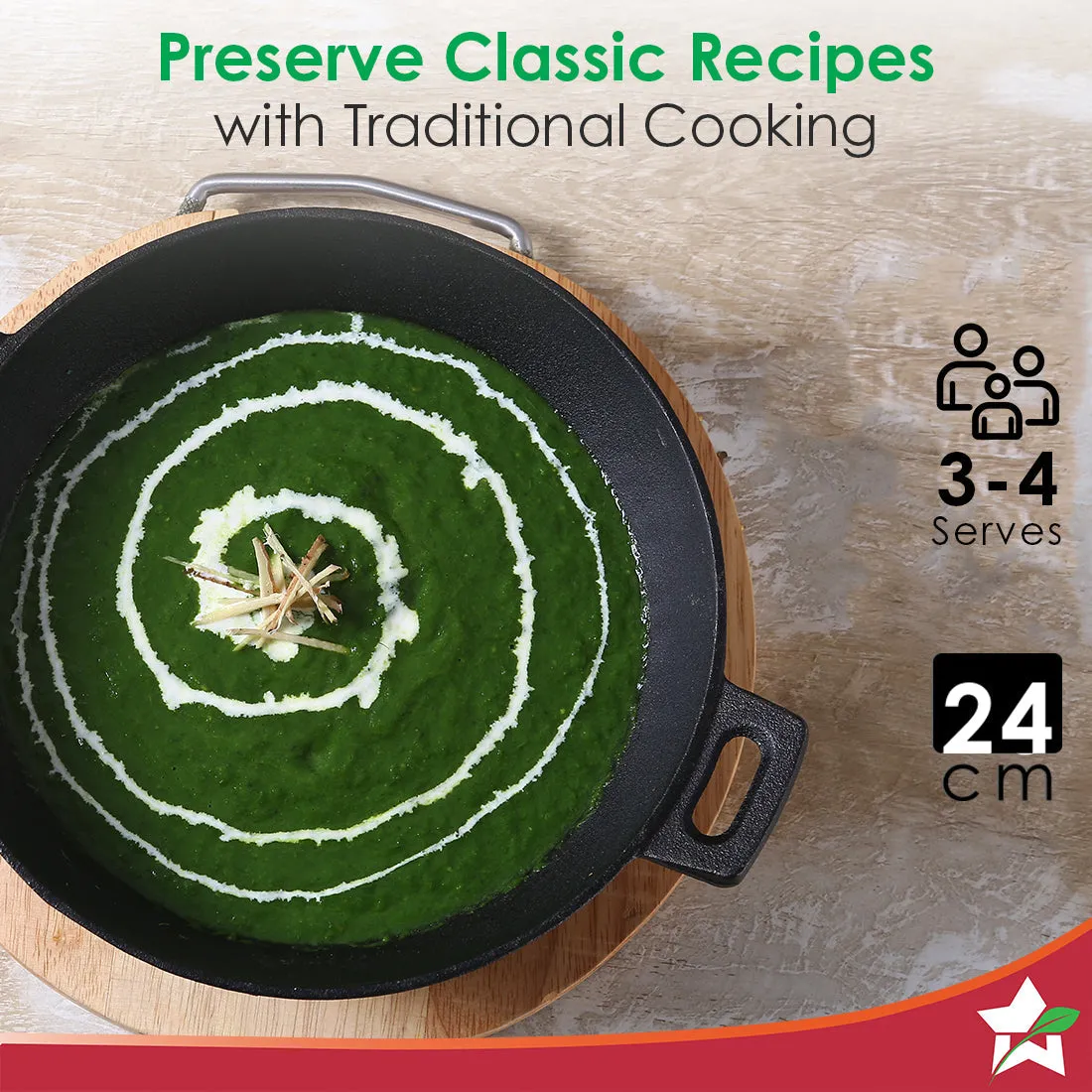 Forza 24 cm Cast-iron Kadhai, Pre-Seasoned Cookware, Induction Friendly, 1.9L, 3.8mm