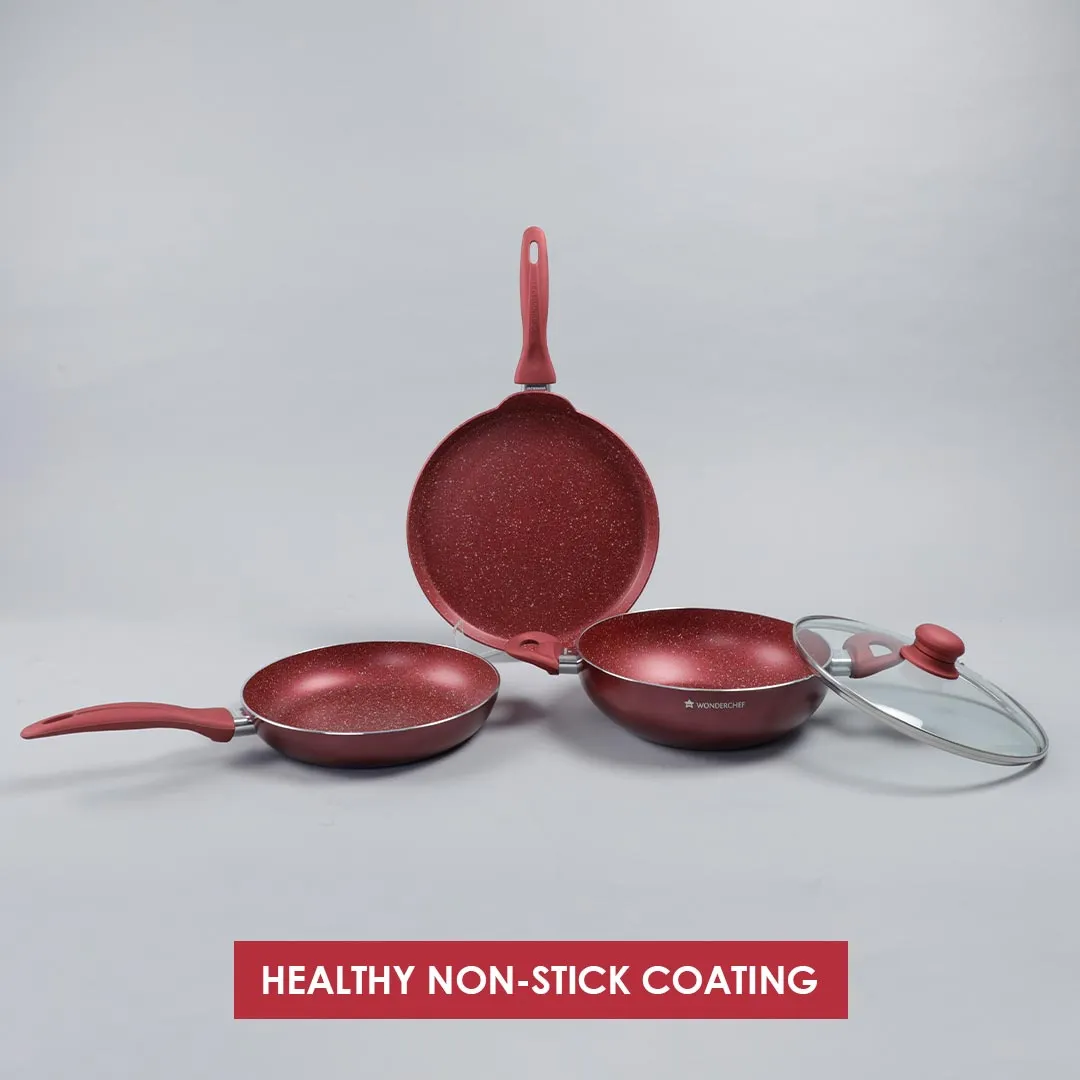 Garnet Non-Stick Cookware Set of 4 | Kadhai with Glass Lid 24cm, Fry Pan 24cm & Dosa Tawa 28cm | Induction Friendly cookware | Soft Touch Handle | Pure Grade Aluminium | PFOA Free | 2 Year Warranty | Red