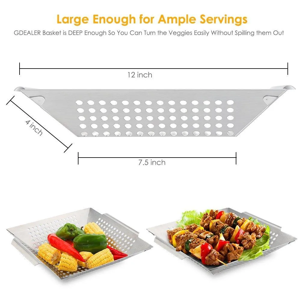 GDEALER BBQ Grill Basket 14&quot;x12&quot; Barbecue Grill Basket Grill Pan for Veggies, Chicken, Meats and Fish, Professional 430 Grade Stainless Steel, Silver