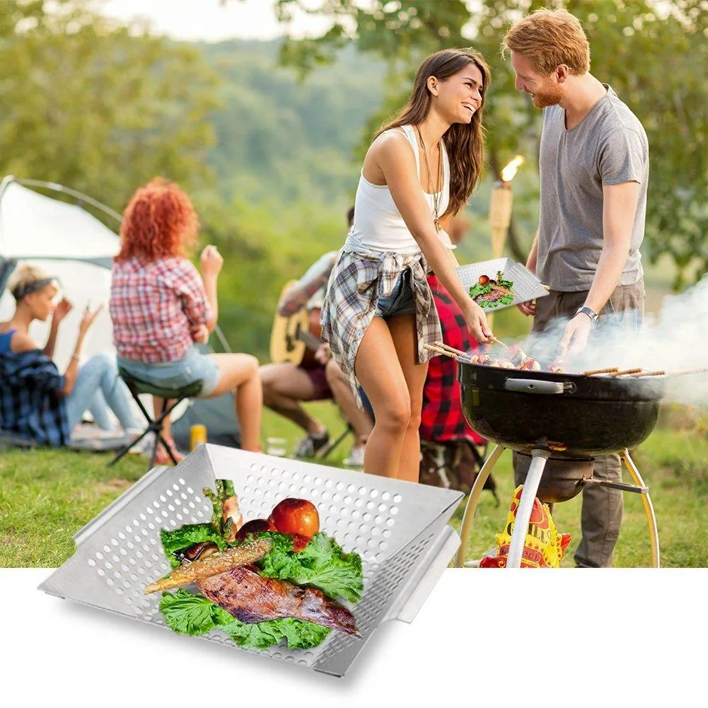 GDEALER BBQ Grill Basket 14&quot;x12&quot; Barbecue Grill Basket Grill Pan for Veggies, Chicken, Meats and Fish, Professional 430 Grade Stainless Steel, Silver