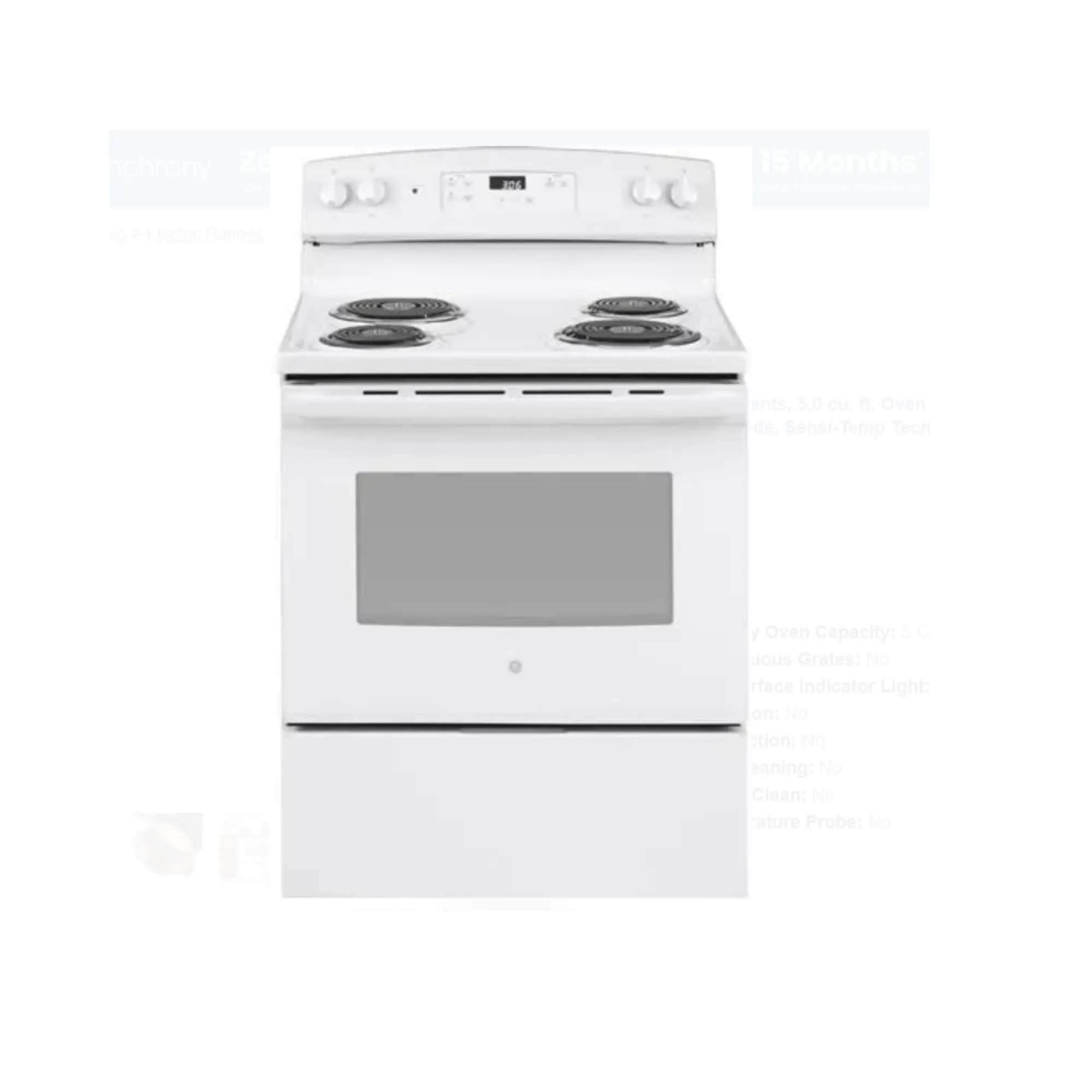 GE JBS360DMWW 30 Inch Freestanding Electric Range with 4 Elements, 5.0 cu. ft. Oven Capacity, Storage Drawer, Dual-Element Bake, Sabbath Mode, Sensi-Temp Technology, and UL Listed: White