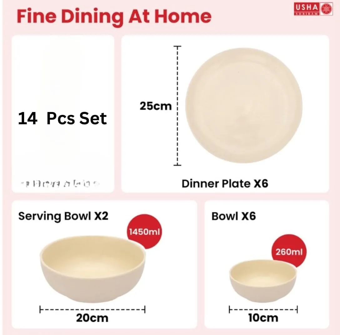 Gleevers Ceramic Dinner Set (14 Pcs) | Microwave Safe Dinner Plates and Bowls Sets Cookware | Chip Resistant Dinnerware Sets | House Warming Gifts New Home for Couple Men Women (Cream)