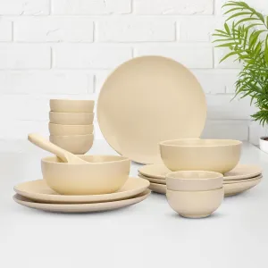 Gleevers Ceramic Dinner Set (14 Pcs) | Microwave Safe Dinner Plates and Bowls Sets Cookware | Chip Resistant Dinnerware Sets | House Warming Gifts New Home for Couple Men Women (Cream)