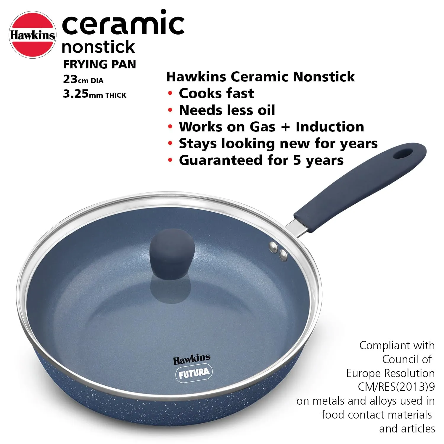 Hawkins Ceramic Nonstick Frying Pan, 23 cm Diameter, Induction Fry Pan with Glass Lid, Granite Omlette Egg Pan, Fish Pan, Blue (ICF23G)