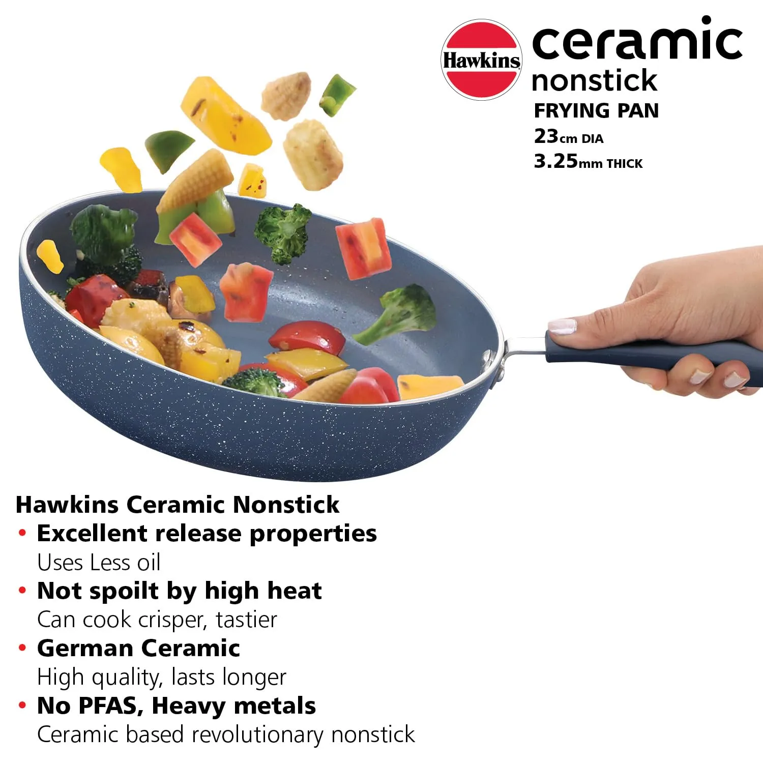 Hawkins Ceramic Nonstick Frying Pan, 23 cm Diameter, Induction Fry Pan with Glass Lid, Granite Omlette Egg Pan, Fish Pan, Blue (ICF23G)