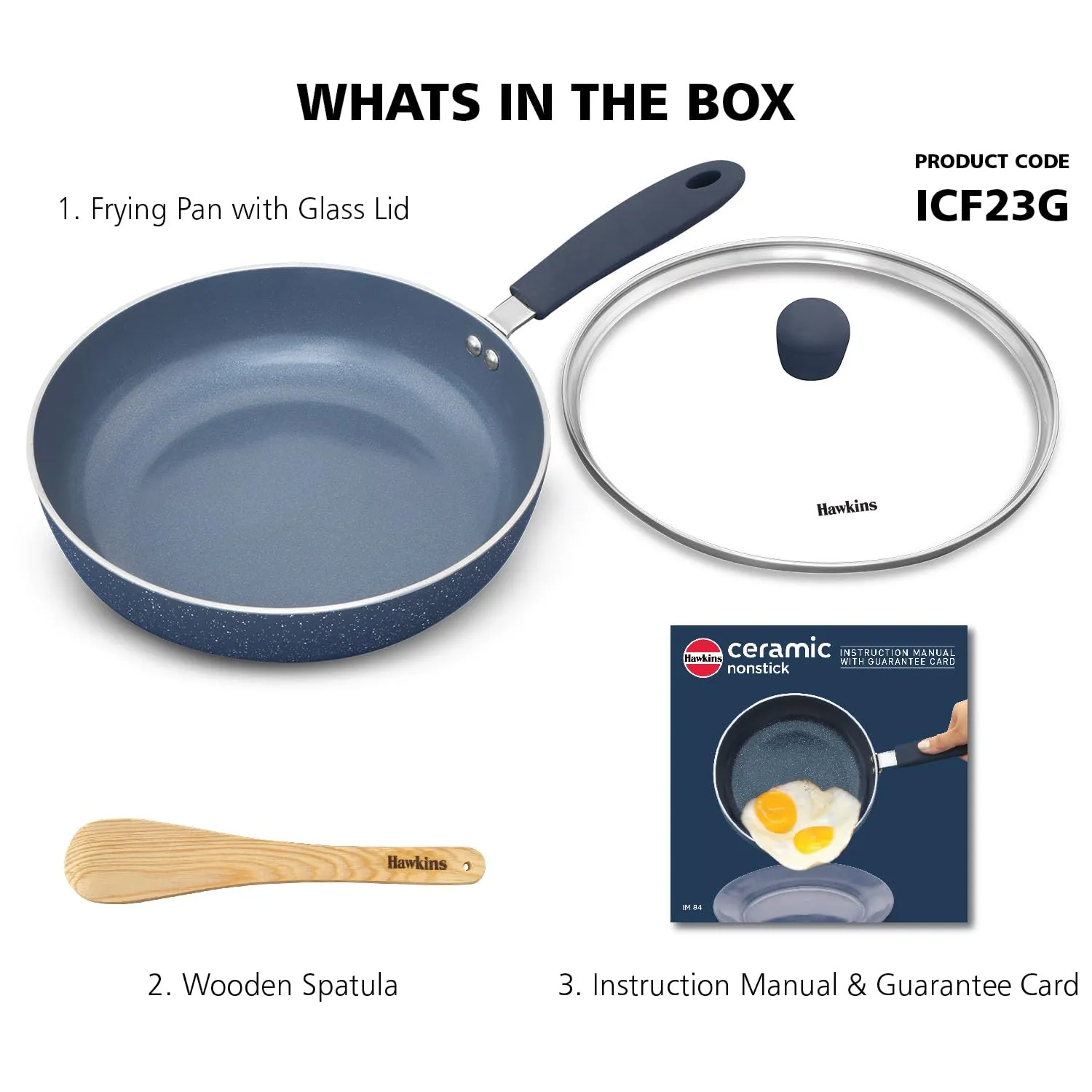 Hawkins Ceramic Nonstick Frying Pan, 23 cm Diameter, Induction Fry Pan with Glass Lid, Granite Omlette Egg Pan, Fish Pan, Blue (ICF23G)