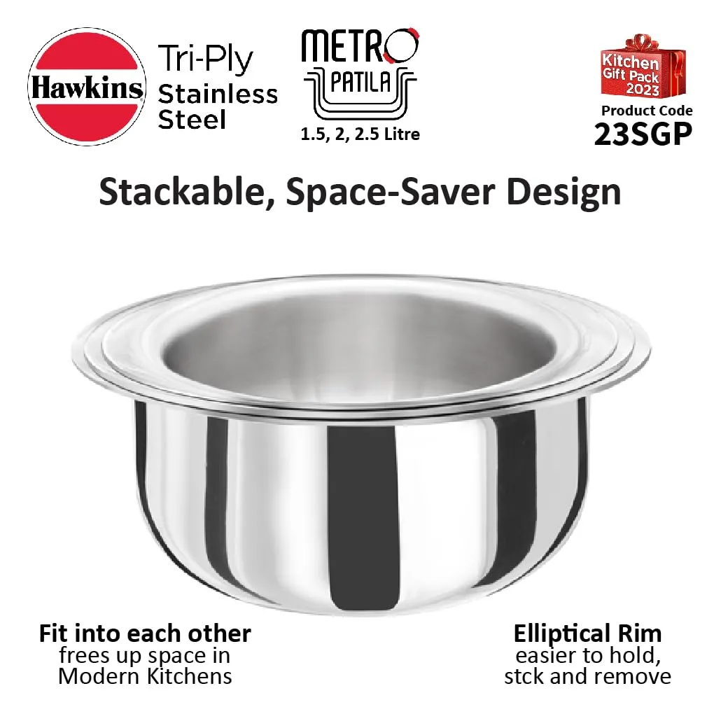 Hawkins Kitchen Gift Pack 2023 (23SGP) 3 Pieces Set of 1.5 Litre, 2 Litre and 2.5 Litre Triply Stainless Steel Patila, Tope, Bhagona, Tapeli, Saucepans