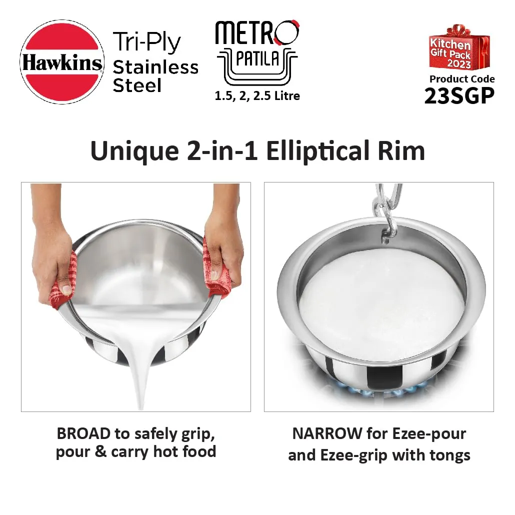 Hawkins Kitchen Gift Pack 2023 (23SGP) 3 Pieces Set of 1.5 Litre, 2 Litre and 2.5 Litre Triply Stainless Steel Patila, Tope, Bhagona, Tapeli, Saucepans