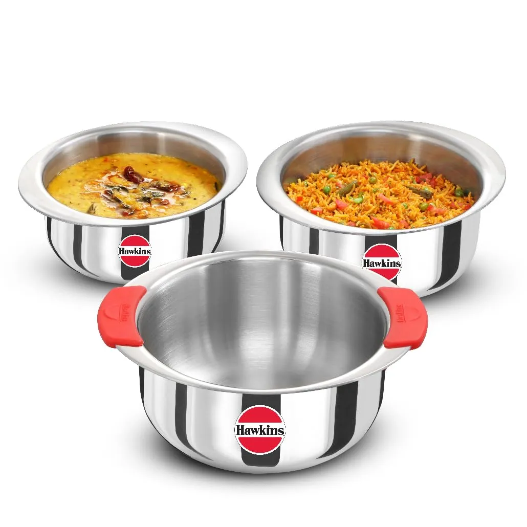 Hawkins Kitchen Gift Pack 2023 (23SGP) 3 Pieces Set of 1.5 Litre, 2 Litre and 2.5 Litre Triply Stainless Steel Patila, Tope, Bhagona, Tapeli, Saucepans