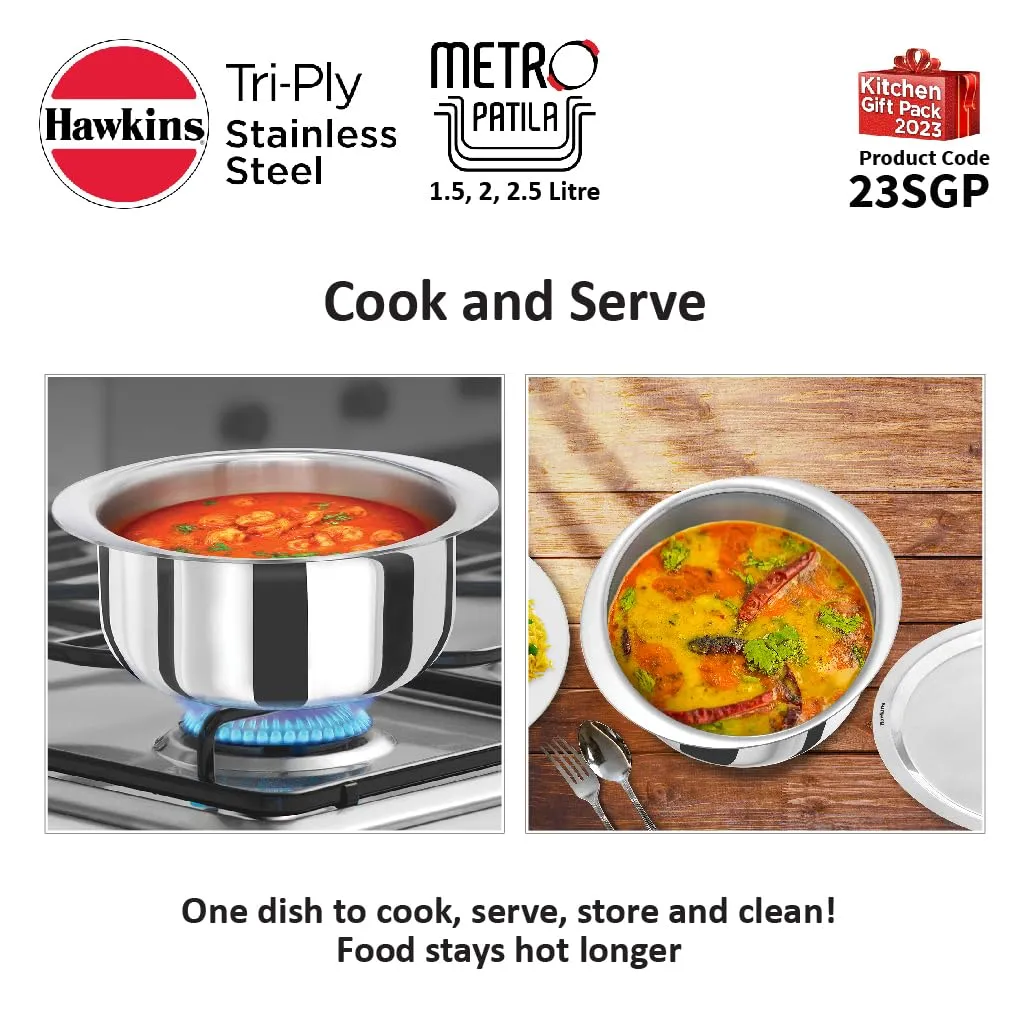 Hawkins Kitchen Gift Pack 2023 (23SGP) 3 Pieces Set of 1.5 Litre, 2 Litre and 2.5 Litre Triply Stainless Steel Patila, Tope, Bhagona, Tapeli, Saucepans